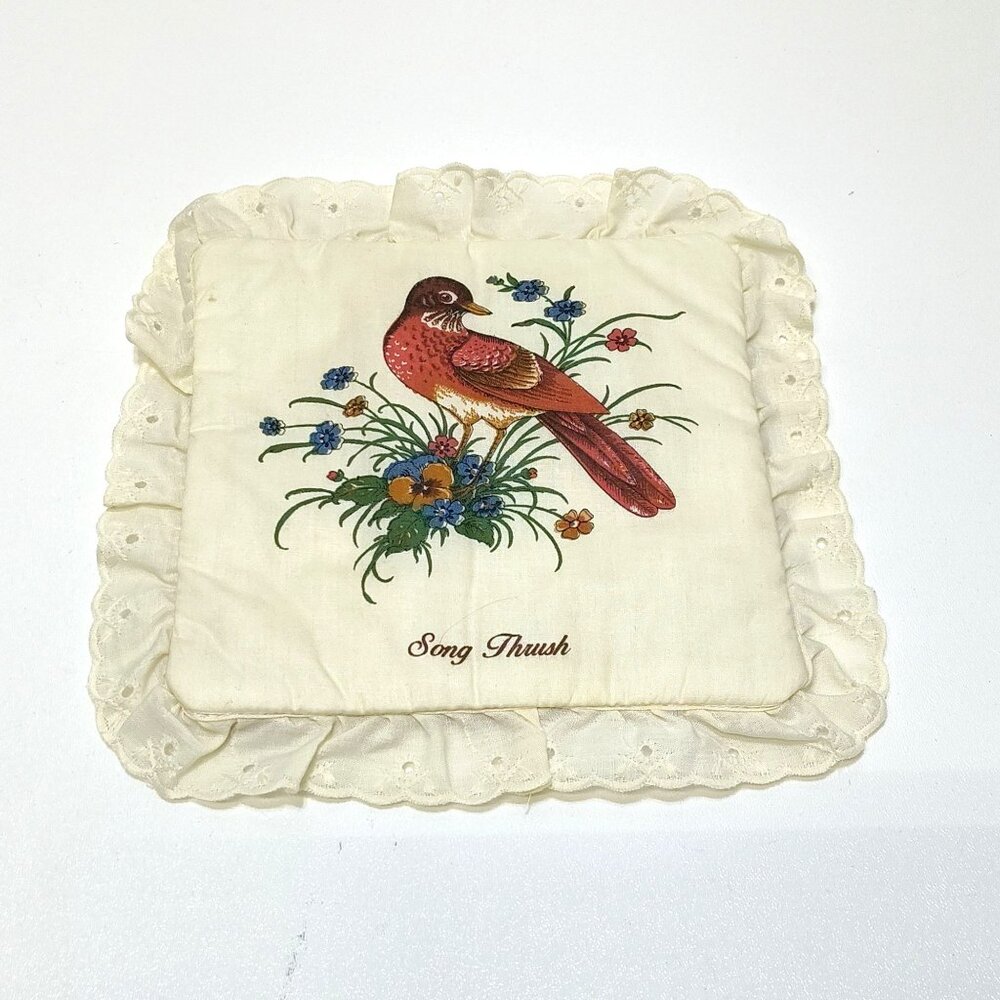 Spiced Hot Pad Song Thrush Bird Print Lace Trim Homemade 8x8 Inches 1990s Vintag